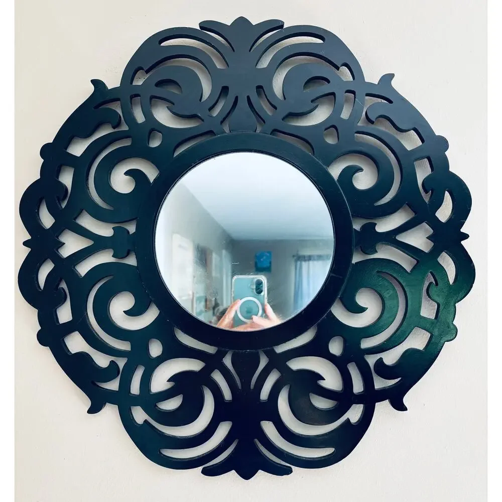 Decorative Black Wood Scroll Wall Mirror 20” diameter